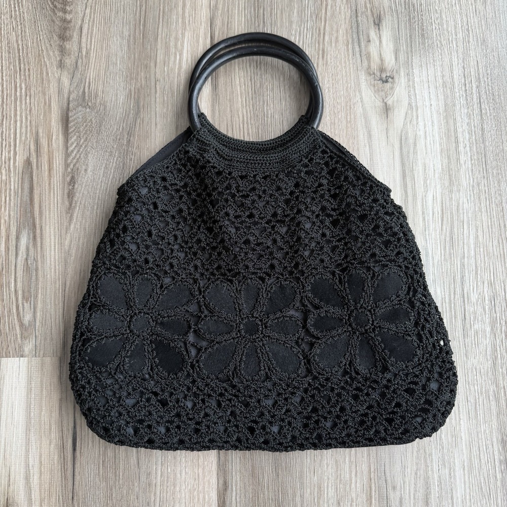 Vintage black Macrame Round Handles Boho 90s y2K‎ Purse Leather Floral Patches